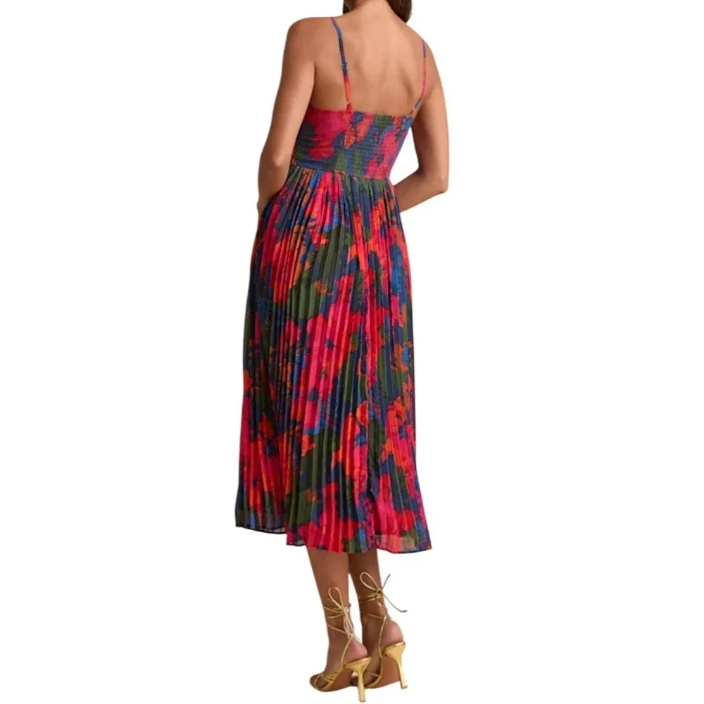NWT Lulus Dorothy Dark Blue Pink Multi Floral Print Pleated Midi Dress S Bustier